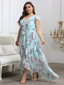SHEIN Belle Talla grande Vestido de dama de honor con estampado floral ribete con fruncido con cinturón - Celeste - Ver 6