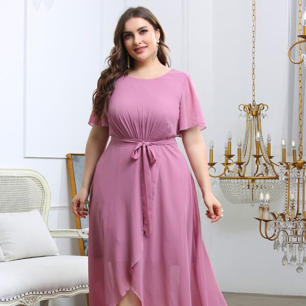 

Plus Chiffon Butterfly Sleeve Belted Wrap Dress, Mauve purple