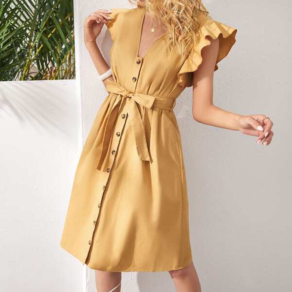 

Button Front Ruffle Armhole Belted Dress, Yellow