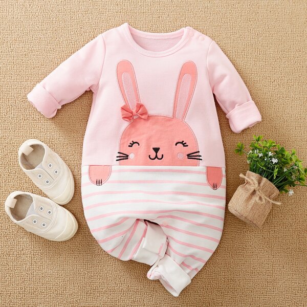 

Baby Girl Striped Cartoon Embroidery Jumpsuit, Multicolor
