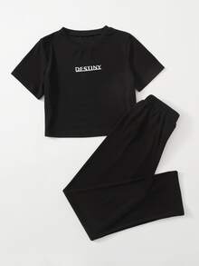 Outfit de dos piezas Letras Casual - Negro - Ver 3