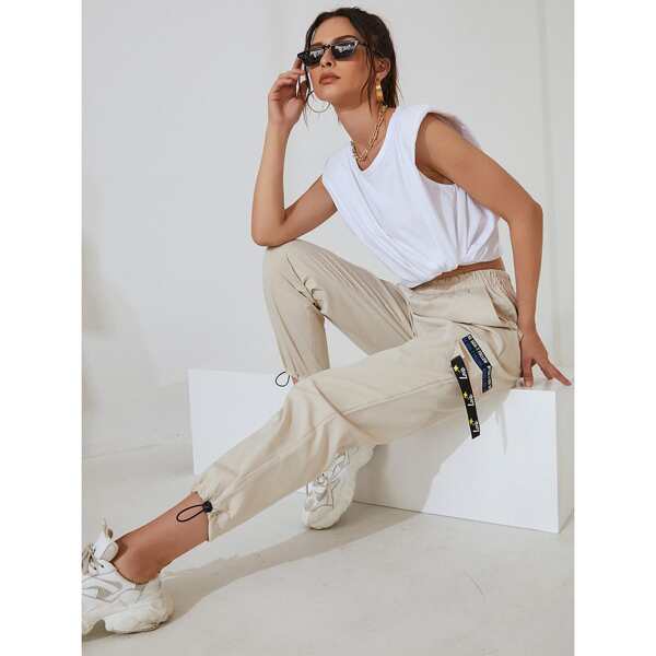

Fake Flap Pocket Drawstring Cuff Pants, Beige
