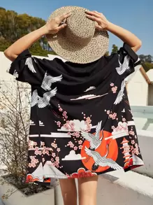 SHEIN Swim Crane Print Open Front Kimono,Summer Beach - Multicolor - View 1