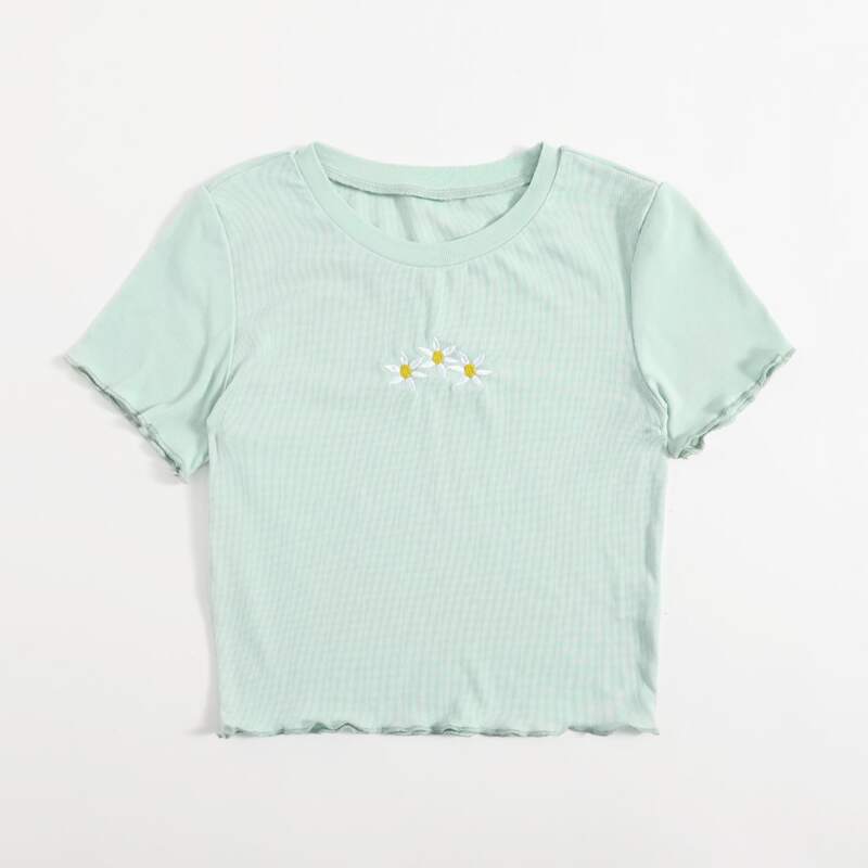 

Flower Embroidery Lettuce Trim Tee, Mint green
