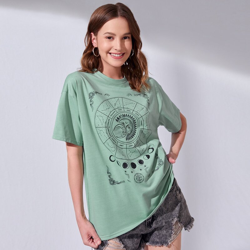 

Sun & Moon Graphic Oversized Tee, Mint green