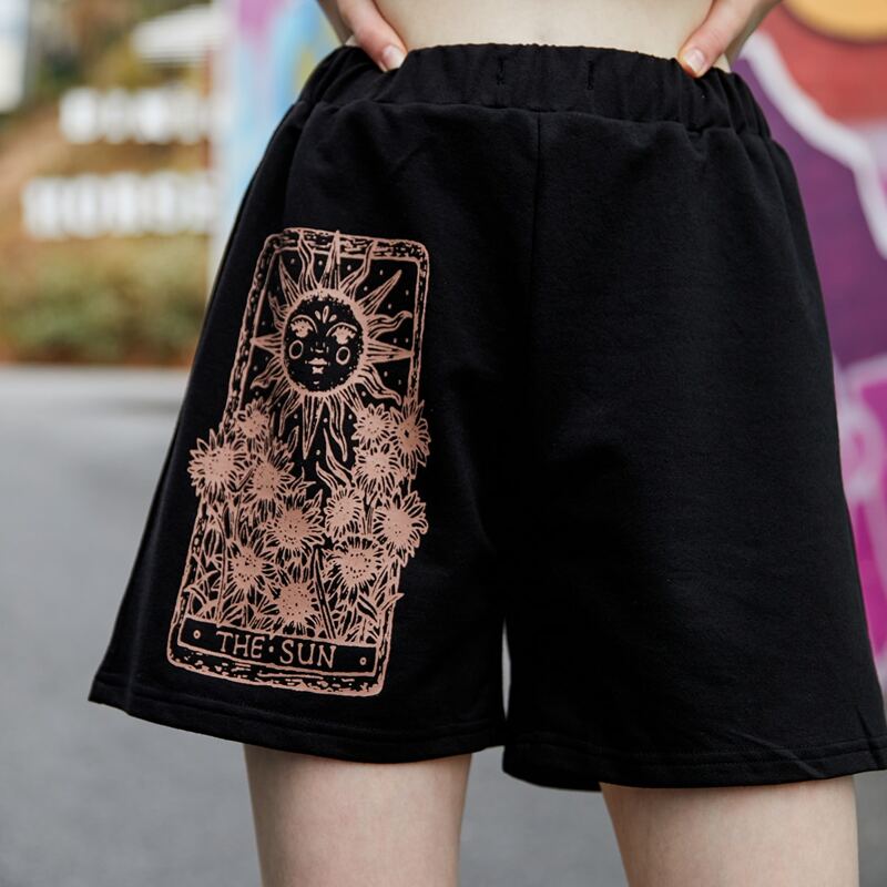 

Sun & Moon Graphic Drawstring Shorts, Black