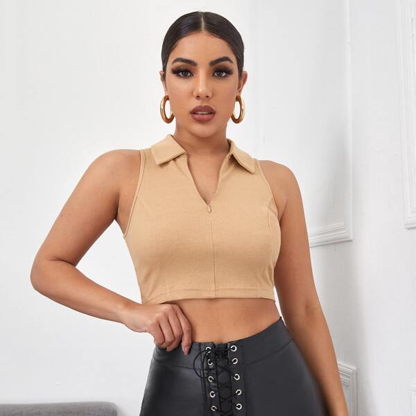 

Collared Zip Up Tank Top, Apricot