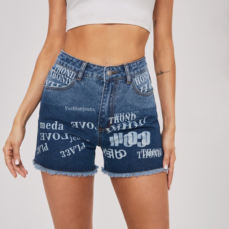 

High Waist Letter Graphic Ripped Raw Hem Denim Shorts, Medium wash