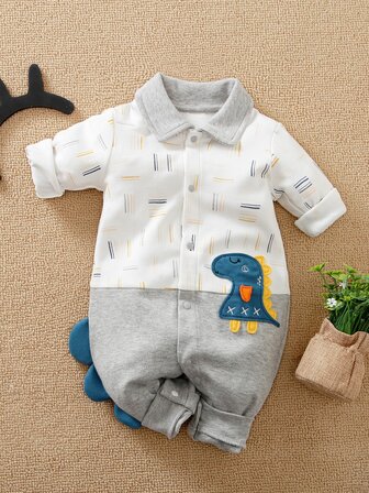 Yierying جمبسوت بألوان متجانس وبأزرار امامي مدرز برسوم كارتون للاولاد الرضع