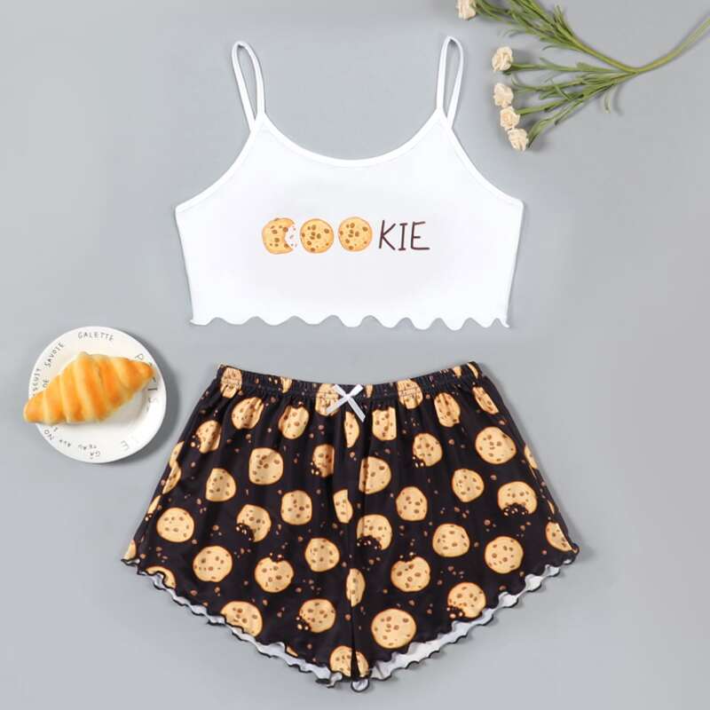 

Letter Graphic Lettuce Trim Cami Pajama Set, Multicolor
