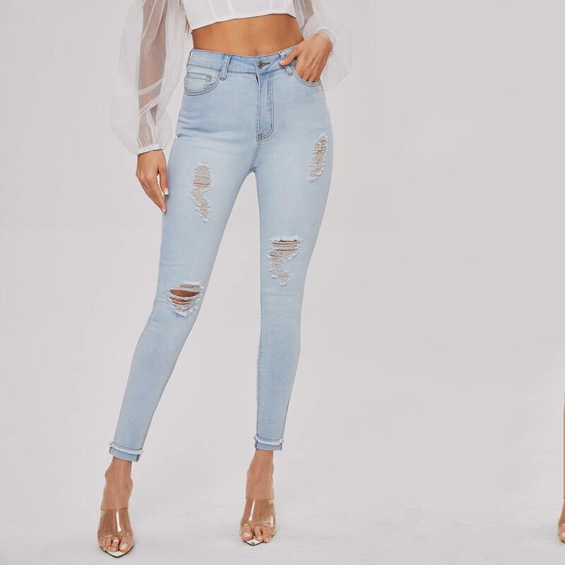 

High Waist Ripped Skinny Cropped Jeans, Light wash