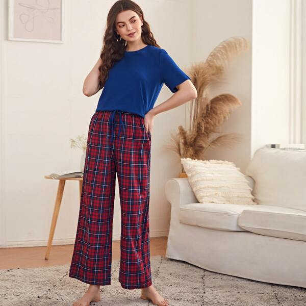 

Round Neck Tee & Tie Waist Tartan Wide Leg Pants PJ Set, Multicolor
