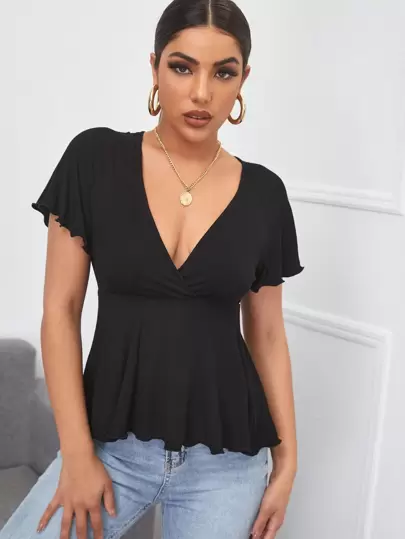 Firerie Plunge Neck Rib-knit Peplum Top