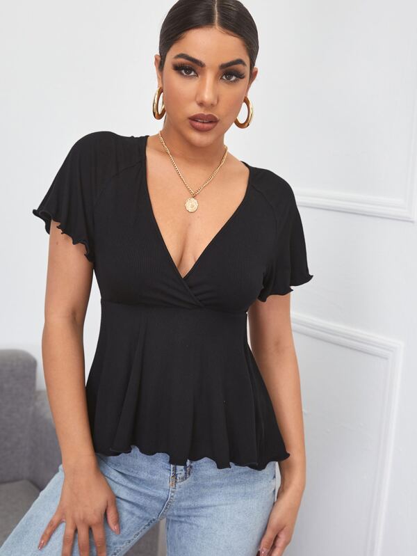 Firerie Plunge Neck Rib-knit Peplum Top