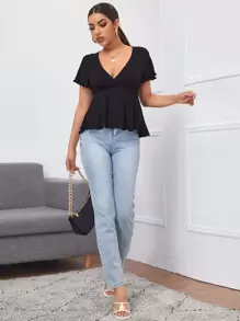 Firerie Plunging Neck Rib-knit Peplum Top