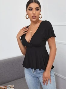 Firerie Plunging Neck Rib-knit Peplum Top