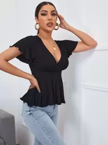 Firerie Plunging Neck Rib-knit Peplum Top