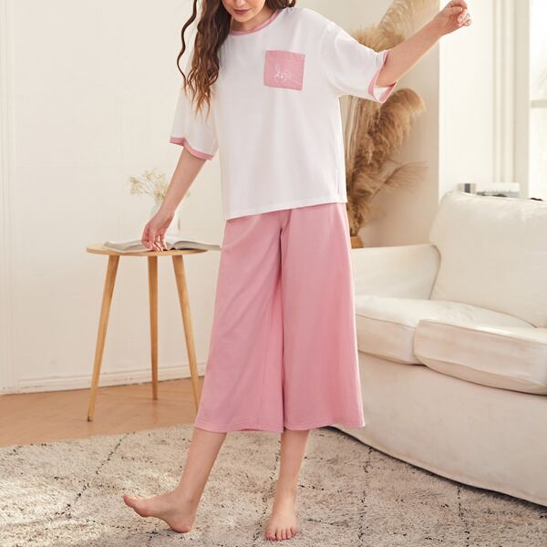 

Patch Pocket Contrast Binding Tee & Wide Leg Pants PJ Set, Multicolor
