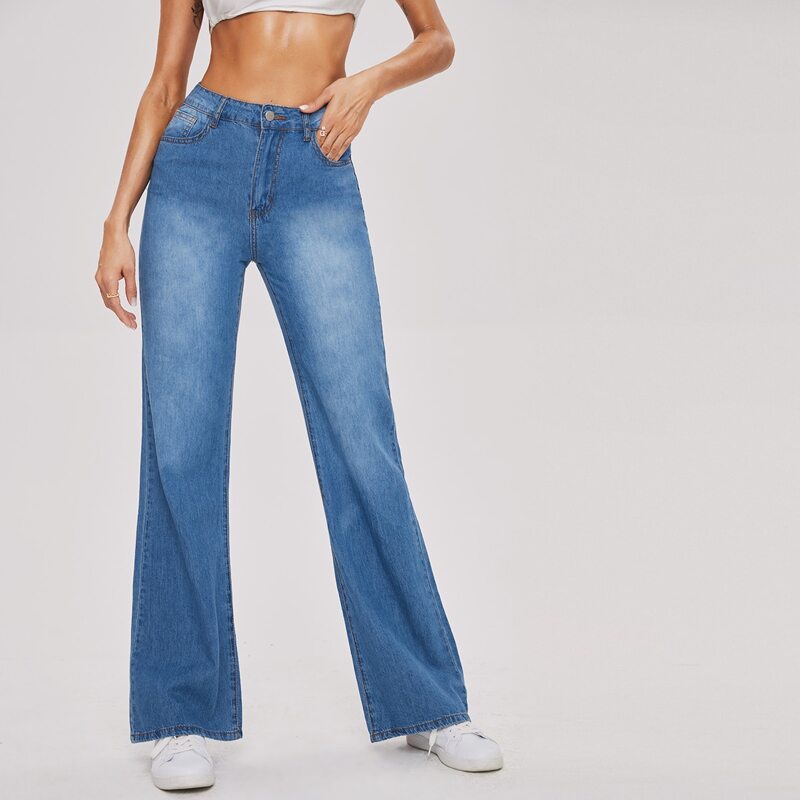

High Waist Bleach Wash Jeans, Medium wash