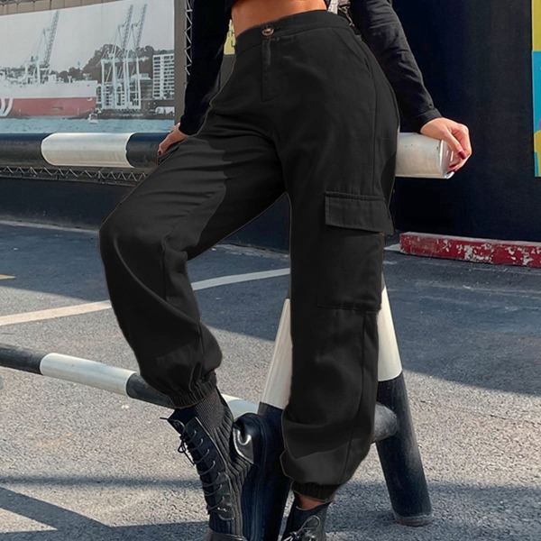 

Solid Side Flap Pocket Cargo Pants, Black