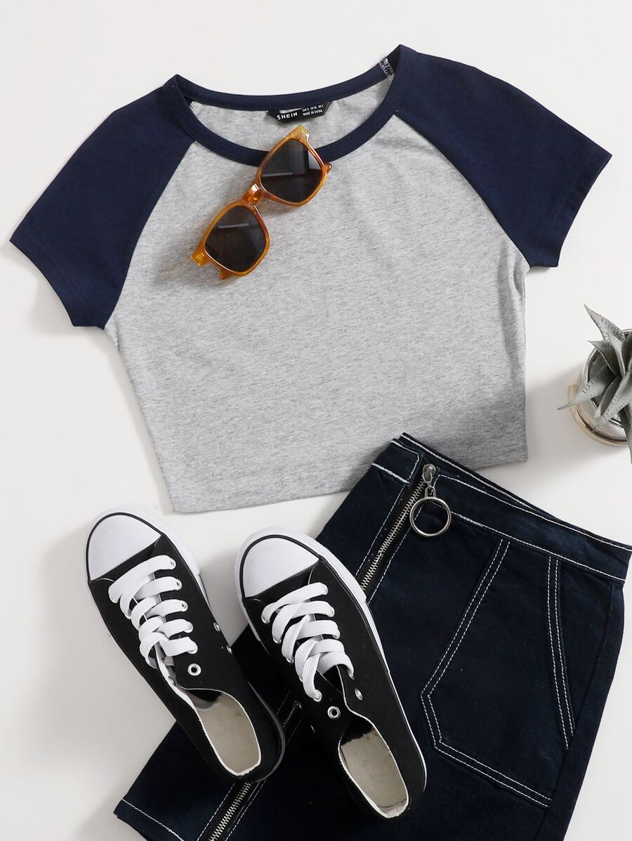 SHEIN EZwear Raglan Sleeve Two Tone Crop Top - Multicolor - View 1