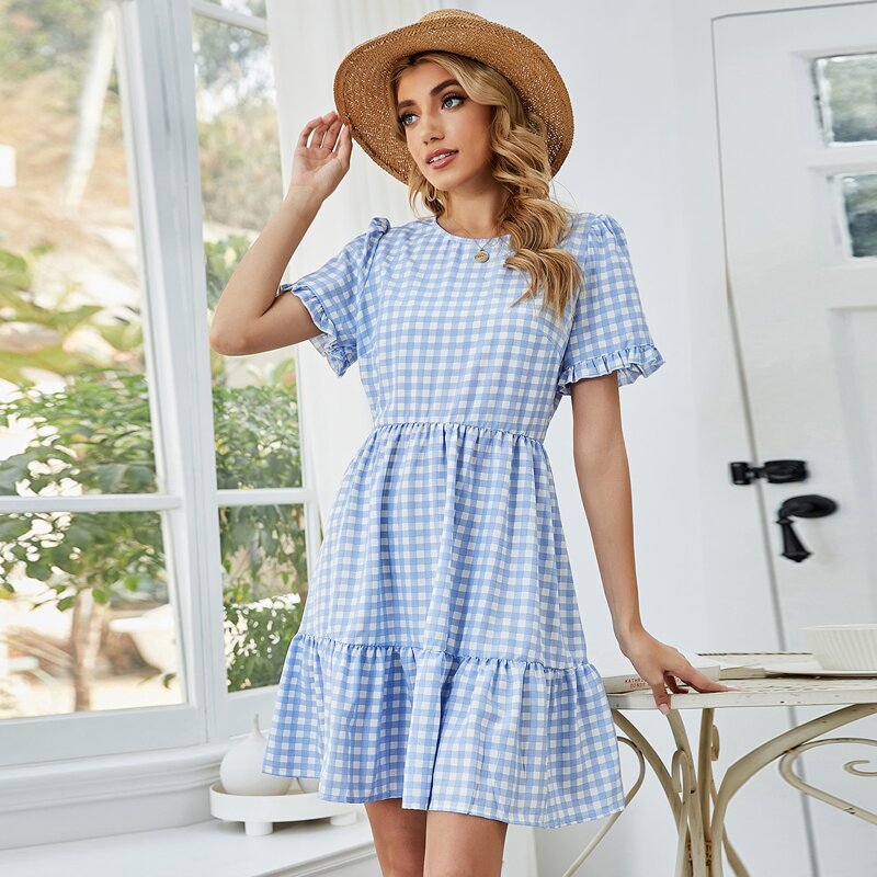Gingham Ruffle Hem Dress, Blue and white