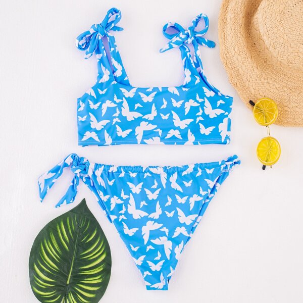 

Allover Butterfly Print Tie Side Bikini Swimsuit, Blue and white