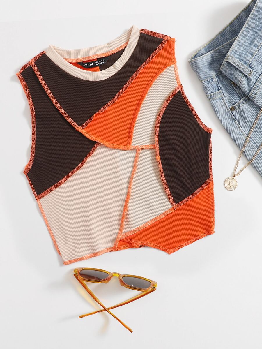 SHEIN Qutie Contrast Stitch Colorblock Tank Top - Multicolor - View 1