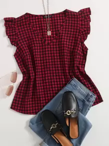 SHEIN LUNE Gingham Butterfly Sleeve Top - Multicolor - View 1