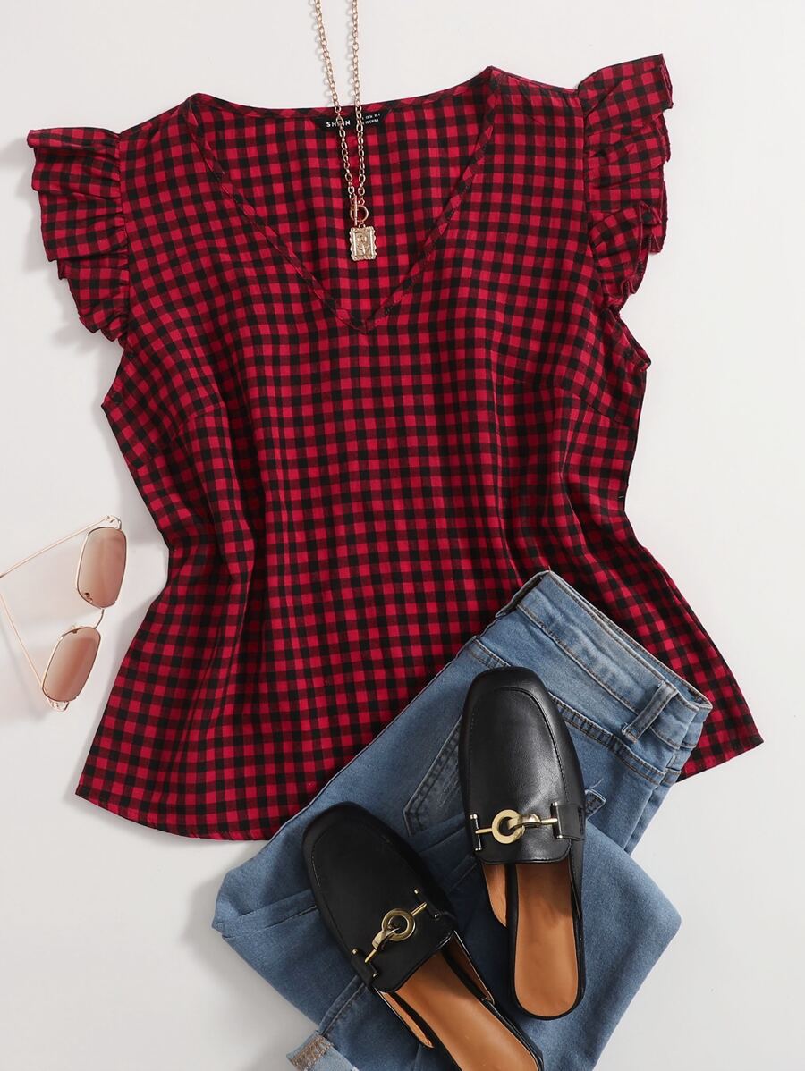 SHEIN LUNE Gingham Butterfly Sleeve Top - Multicolor - View 1