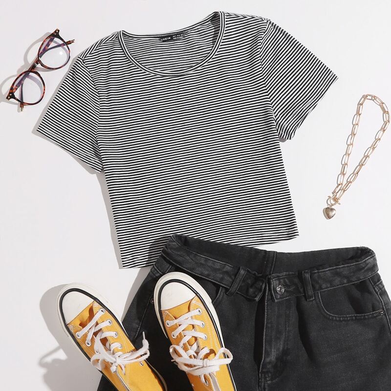 

Cap Sleeve Striped Tee, Grey