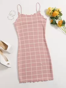 SHEIN Privé Lettuce Trim Grid Bodycon Dress - Dusty Pink - View 1