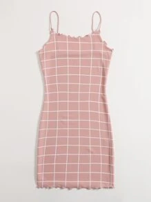 SHEIN Privé Lettuce Trim Grid Bodycon Dress - Dusty Pink - View 5