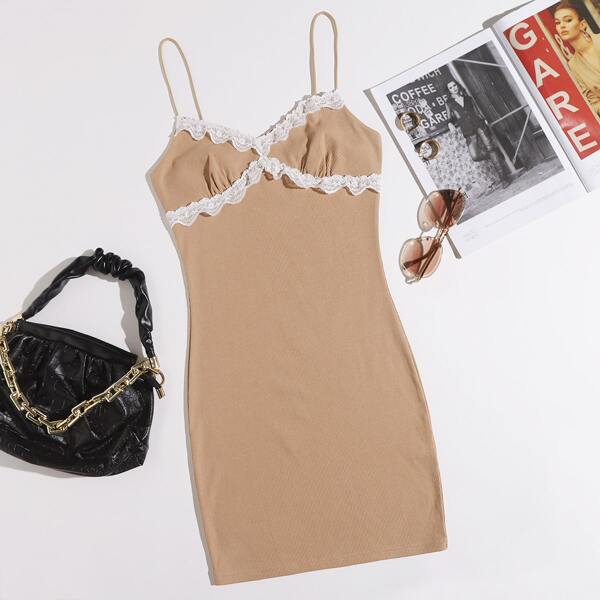 

Lace Trim Bodycon Dress, Khaki