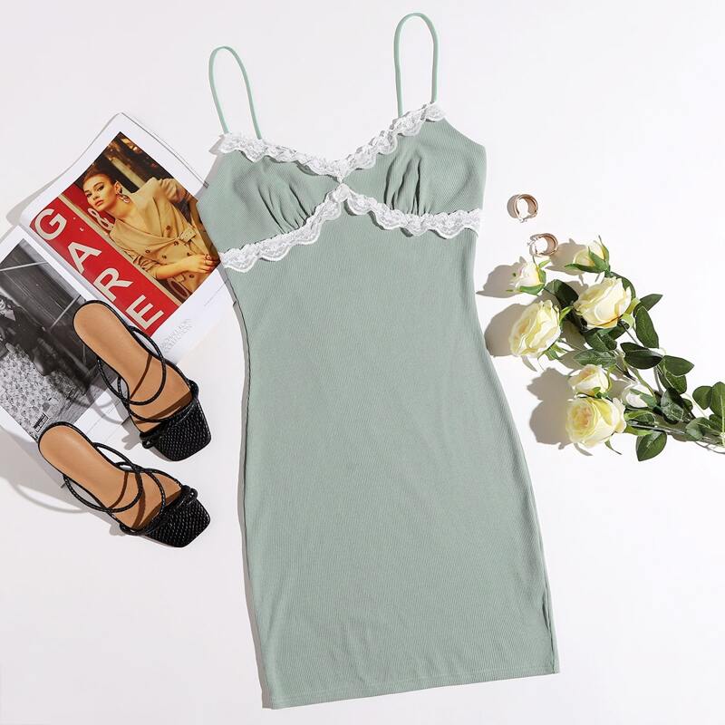 

Lace Trim Bodycon Dress, Mint green