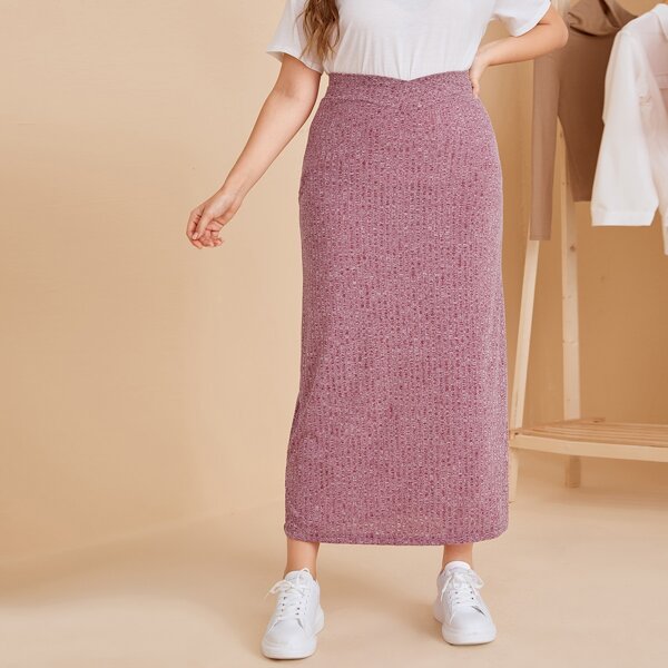 

Plus Rib-knit Solid Skirt, Rose red