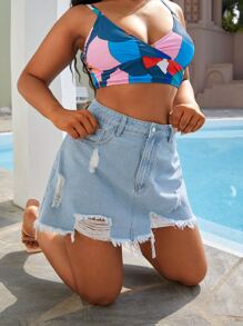 SHEIN VCAY Plus Ripped Raw Hem Mini Denim Skirt - Light Wash - View 3