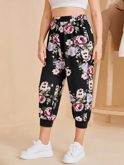 SHEIN LUNE 大碼花卉圖案胡蘿蔔褲子