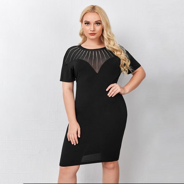 

Plus Mesh Yoke Rhinestone Detail Dress, Black