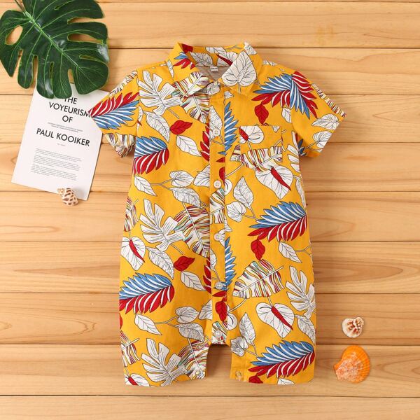

Toddler Boys Leaf Print Button Up Shirt Romper, Multicolor