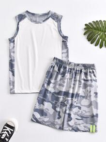 男孩迷彩圖案背心上衣和運動短褲 - 彩色 - 查看 1