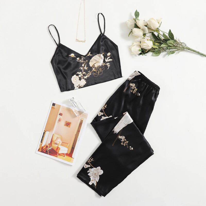 

Satin Floral Print Cami PJ Set, Black
