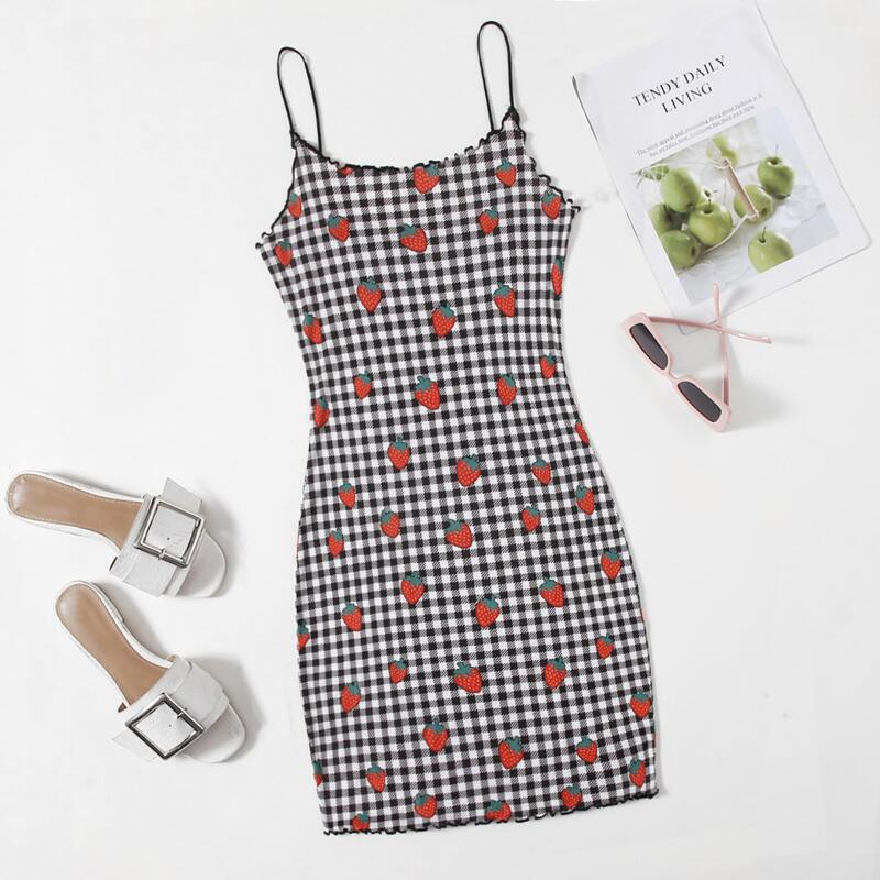 

Lettuce Trim Strawberry and Gingham Dress, Multicolor