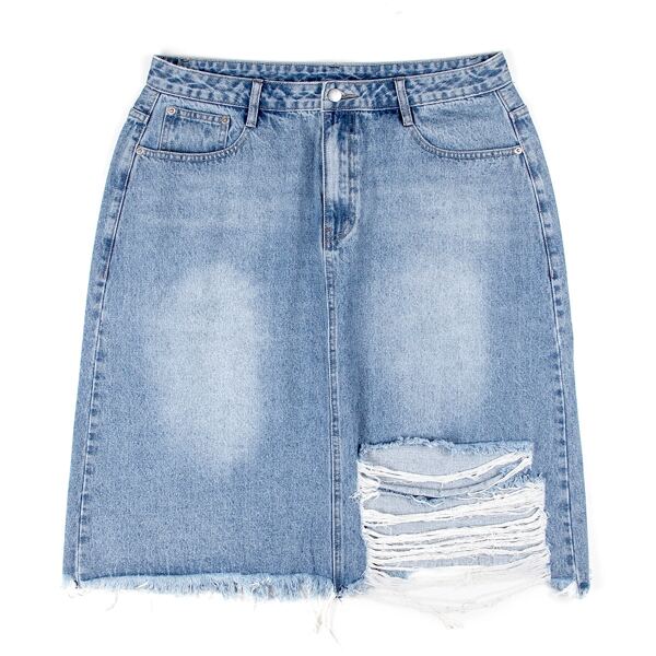

Plus Raw Hem Ripped Denim Skirt, Light wash