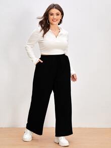 大碼素色繫帶運動褲 - 黑色 - 查看 5