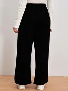 大碼素色繫帶運動褲 - 黑色 - 查看 2