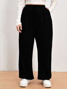 大碼素色繫帶運動褲 - 黑色 - 查看 1