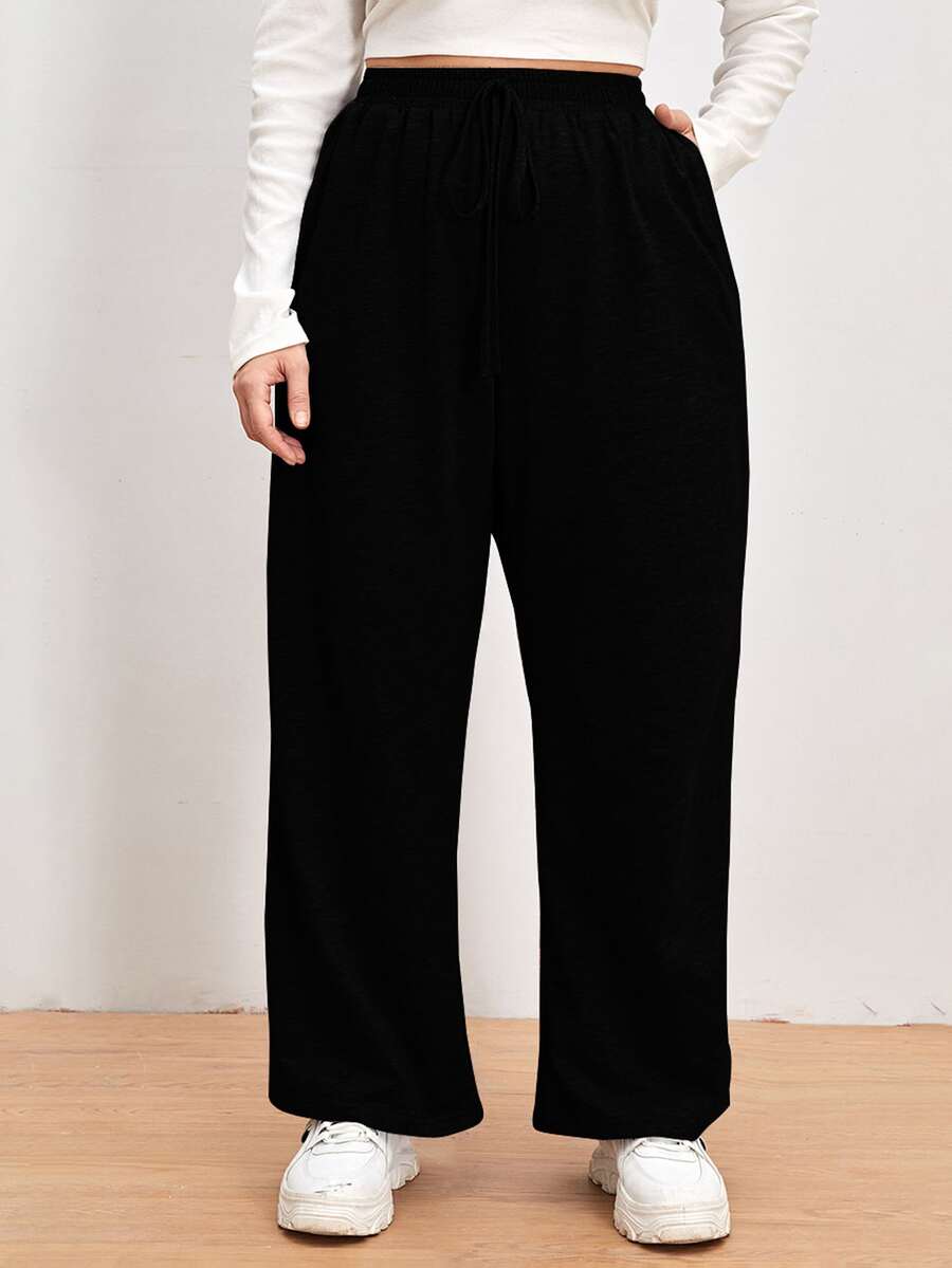 大碼素色繫帶運動褲 - 黑色 - 查看 1