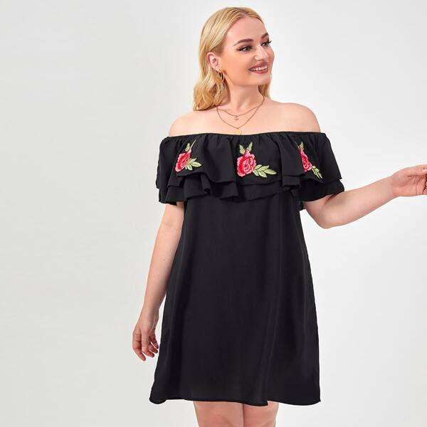 

Plus Floral Patched Off Shoulder Dress, Black
