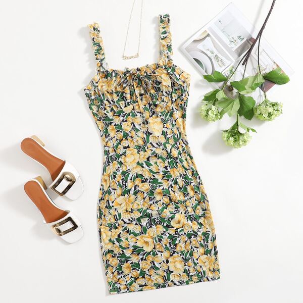 

Tie Front Ruched Bust Floral Dress, Multicolor